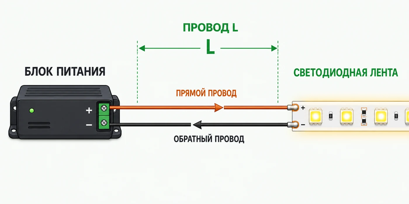 Схема подключения блока питания к светодиодной ленте прямым и обратным проводом длиной L